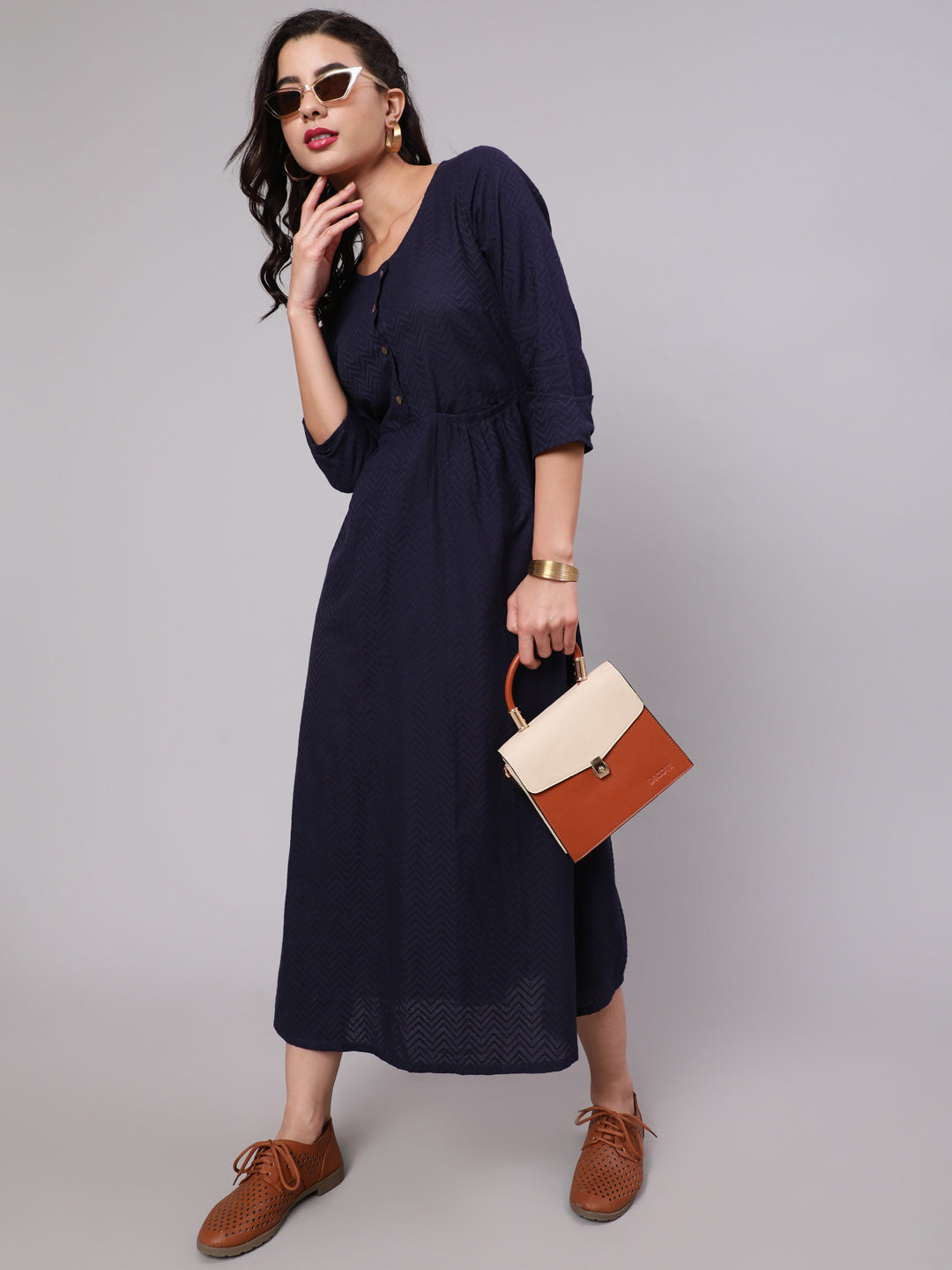Navy Blue Woven Design Gathered Dress - Elganza