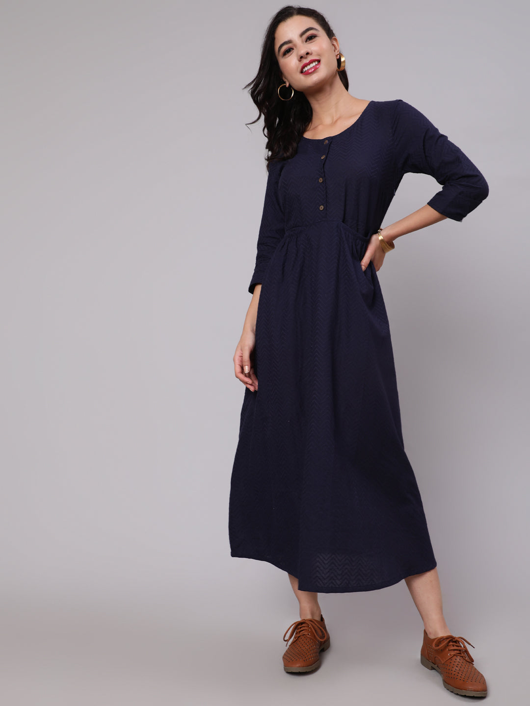 Navy Blue Woven Design Gathered Dress - Elganza