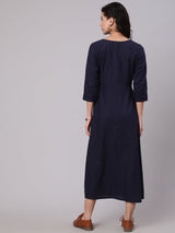 Navy Blue Woven Design Gathered Dress - Elganza