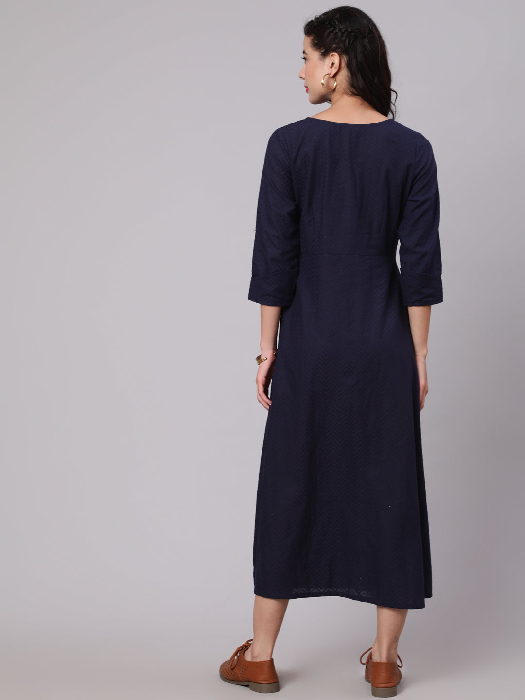 Navy Blue Woven Design Gathered Dress - Elganza