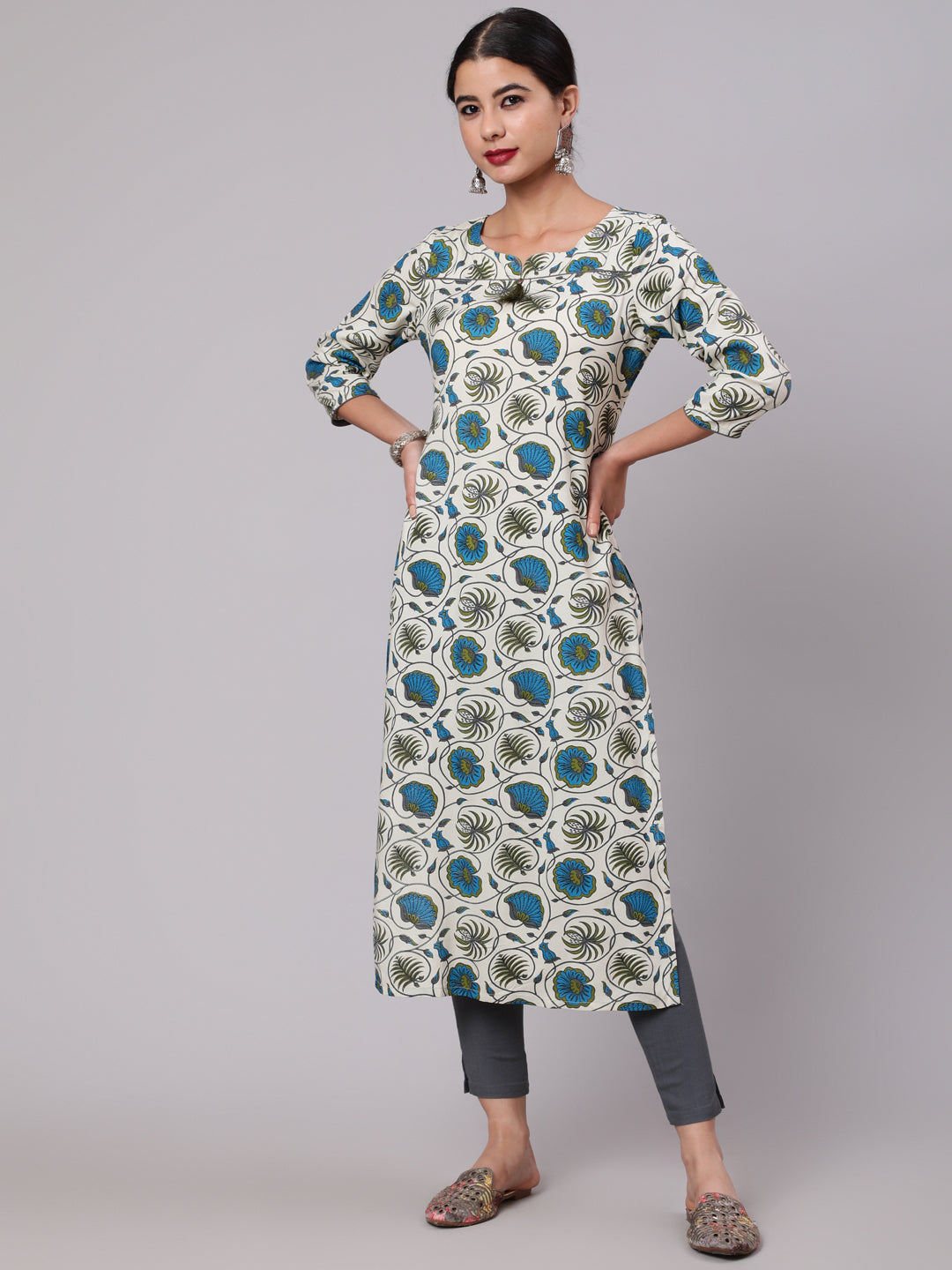 Cream & Blue Floral Print Kurta - Elganza