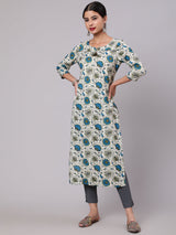 Cream & Blue Floral Print Kurta - Elganza