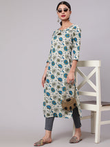 Cream & Blue Floral Print Kurta - Elganza