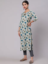 Cream & Blue Floral Print Kurta - Elganza