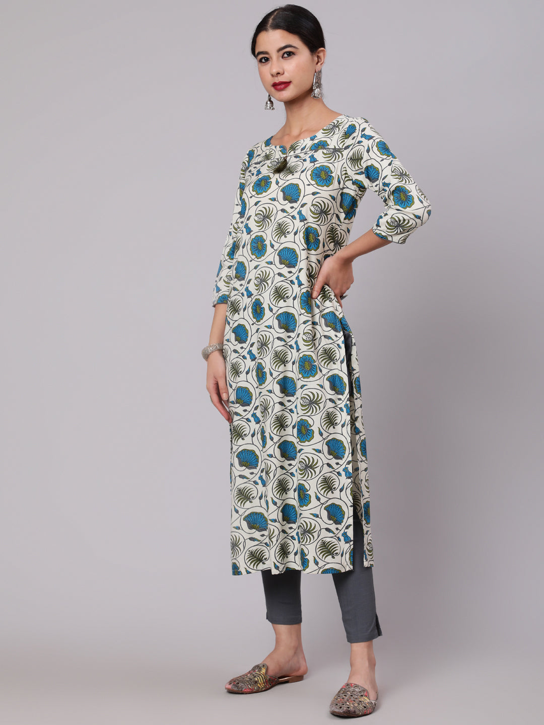 Cream & Blue Floral Print Kurta - Elganza