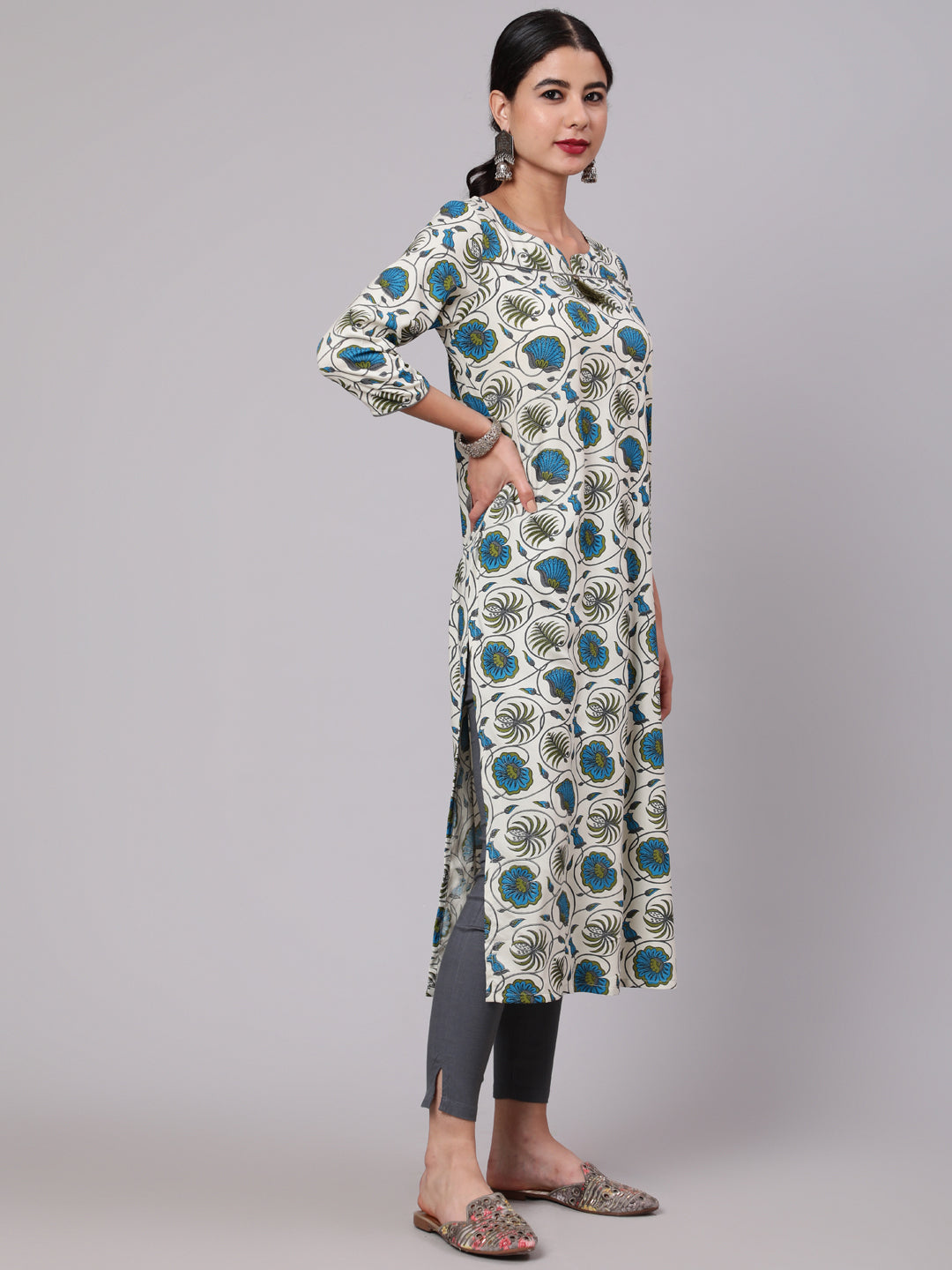 Cream & Blue Floral Print Kurta - Elganza