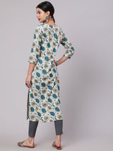Cream & Blue Floral Print Kurta - Elganza
