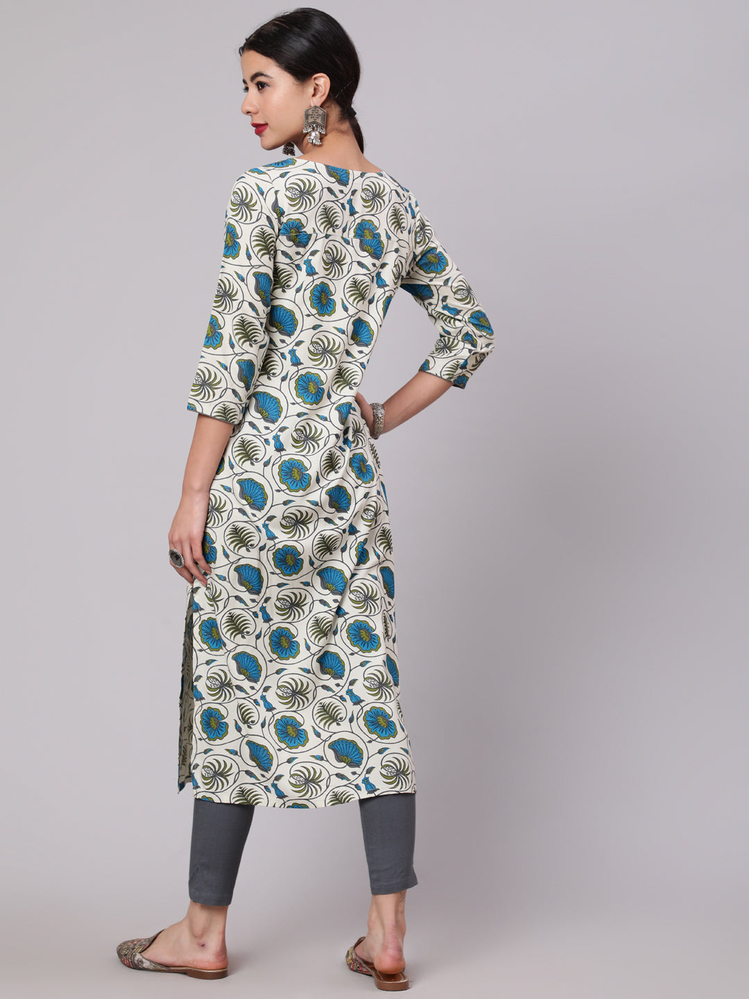 Cream & Blue Floral Print Kurta - Elganza