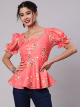 Coral Floral Print Top - Elganza