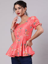 Coral Floral Print Top - Elganza