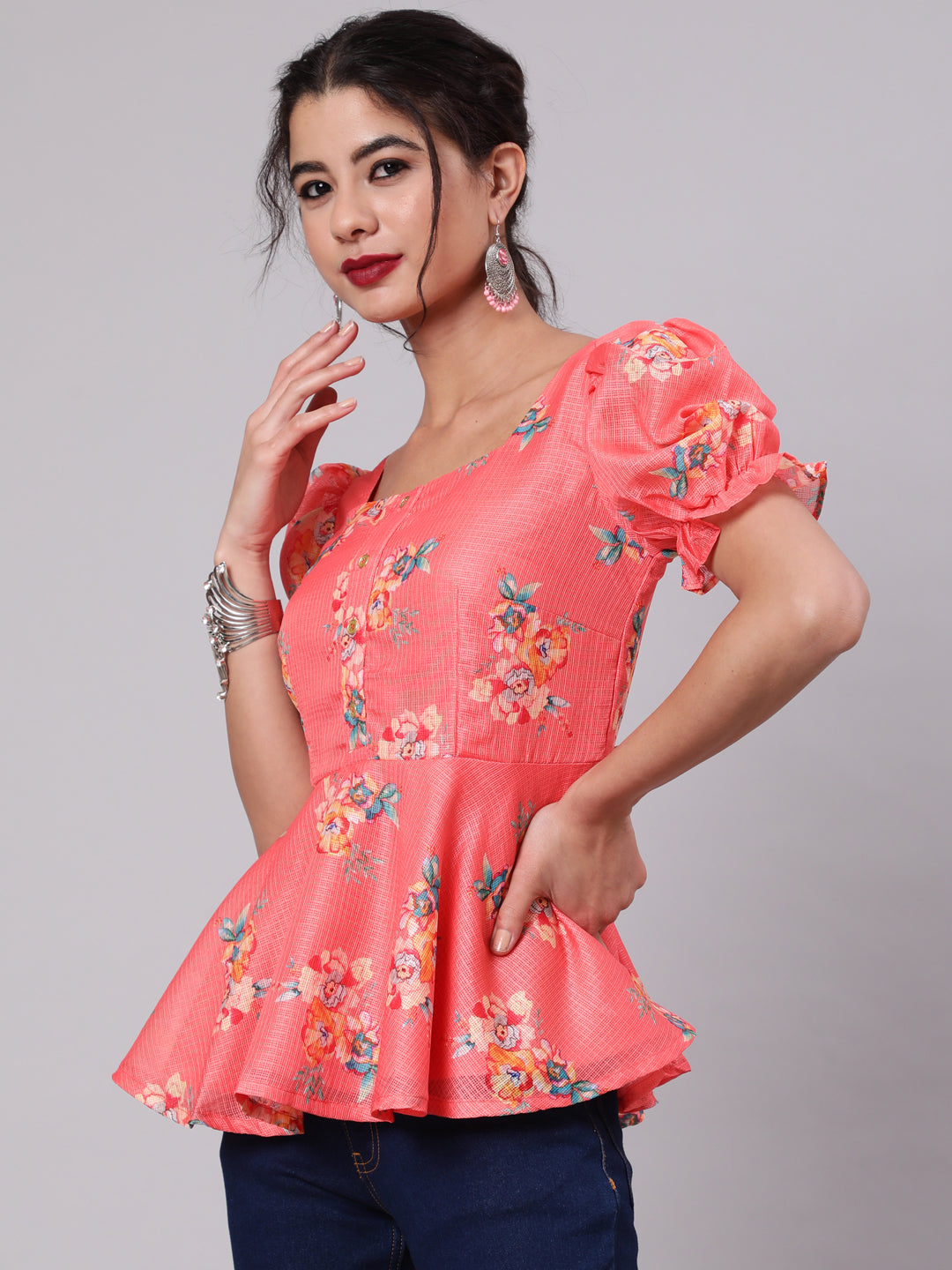 Coral Floral Print Top - Elganza