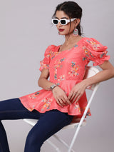 Coral Floral Print Top - Elganza