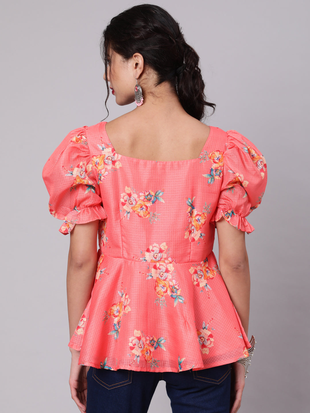 Coral Floral Print Top - Elganza