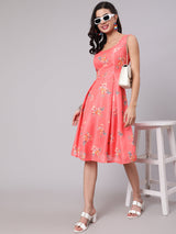 Coral Floral Print Cut-Out Skater Dress - Elganza