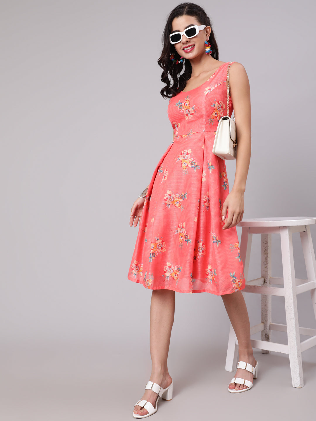 Coral Floral Print Cut-Out Skater Dress - Elganza