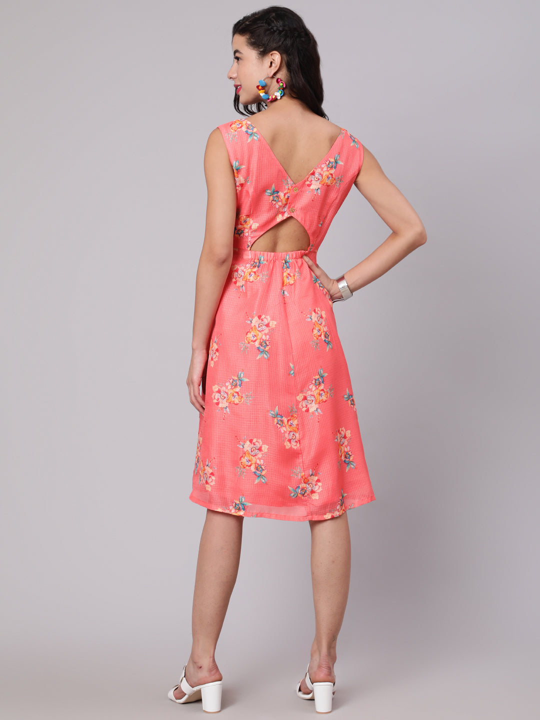 Coral Floral Print Cut-Out Skater Dress - Elganza