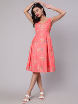 Coral Floral Print Cut-Out Skater Dress - Elganza