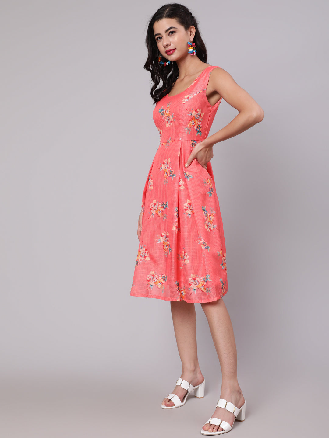 Coral Floral Print Cut-Out Skater Dress - Elganza