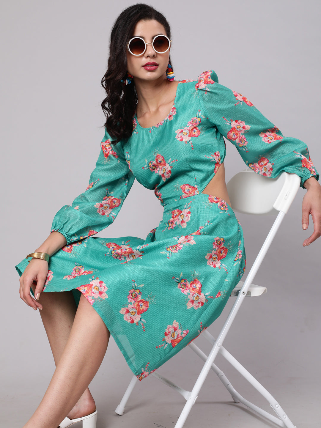 Green Floral Print Cut-Out Skater Dress - Elganza