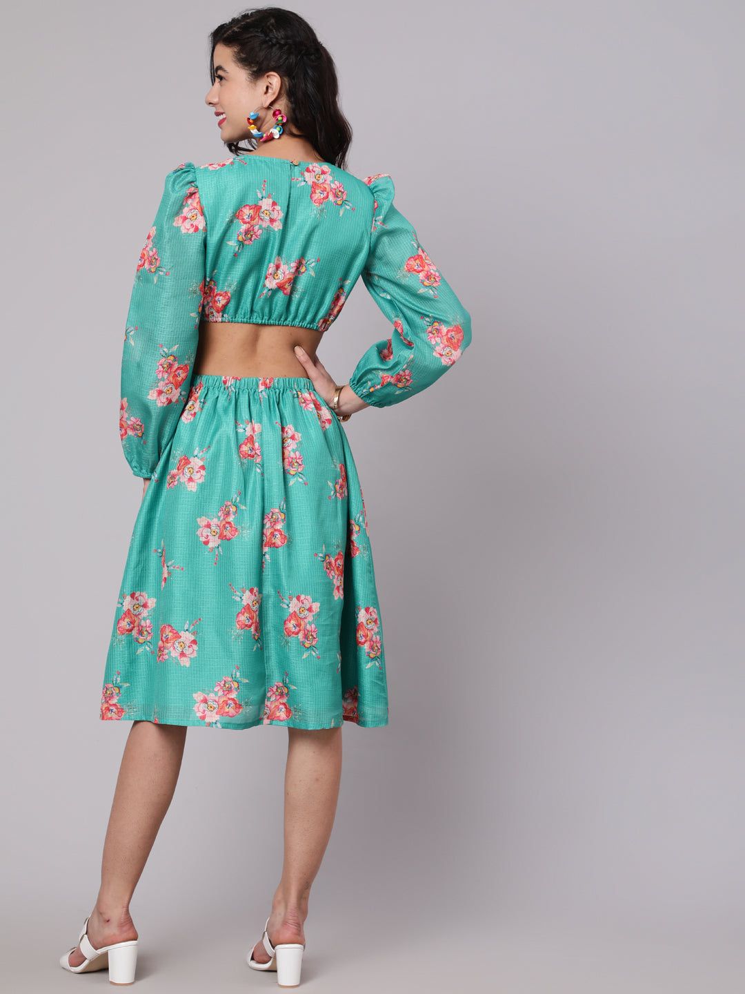 Green Floral Print Cut-Out Skater Dress - Elganza