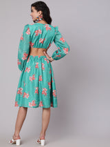 Green Floral Print Cut-Out Skater Dress - Elganza