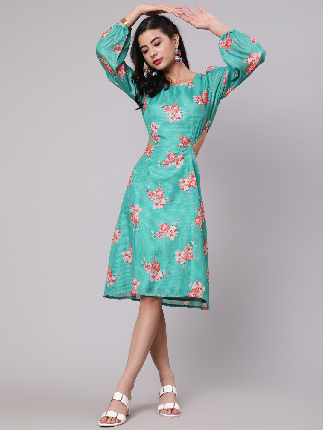 Green Floral Print Cut-Out Skater Dress - Elganza