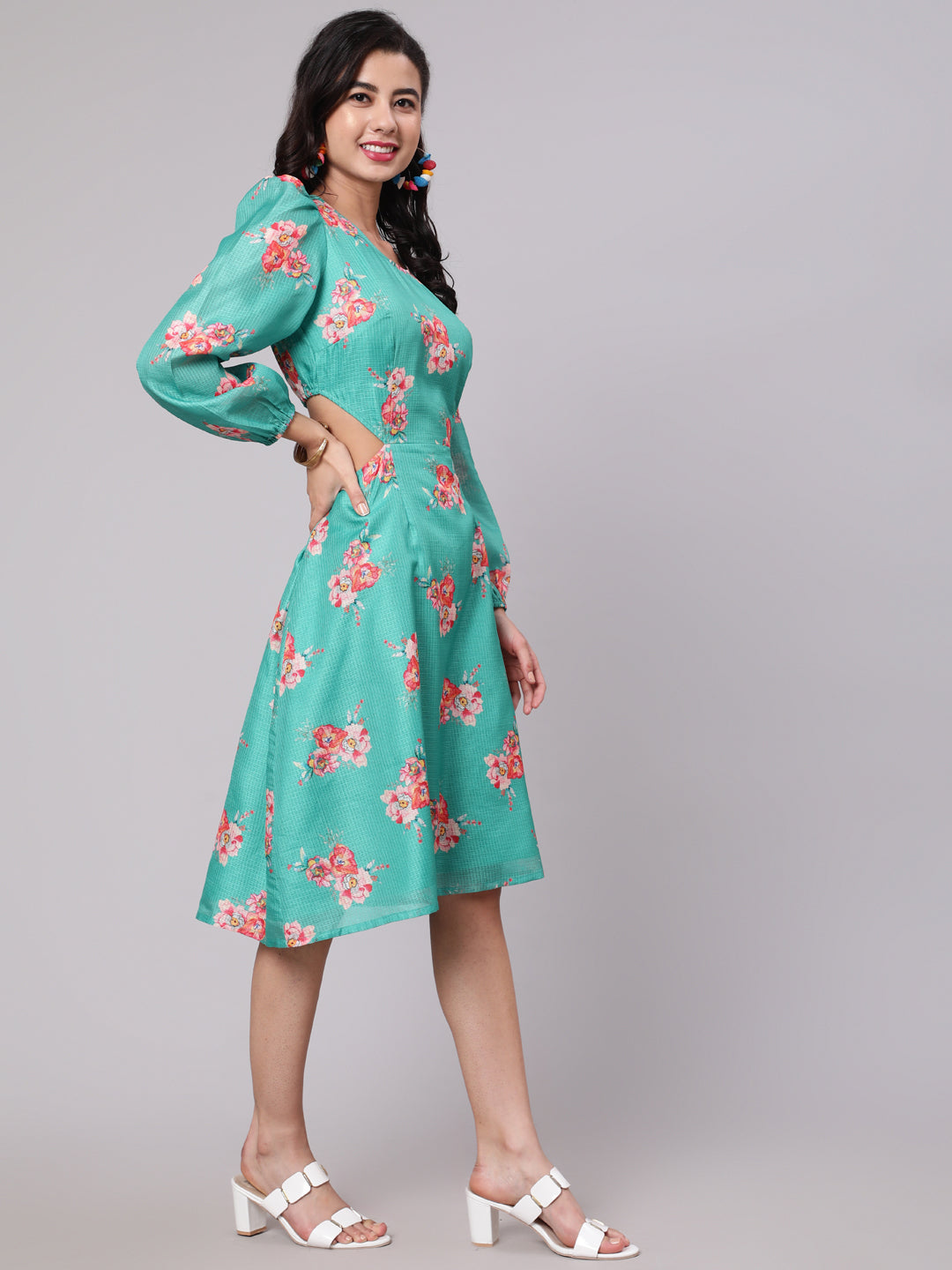 Green Floral Print Cut-Out Skater Dress - Elganza