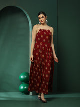 Maroon Floral Print Box Pleated Maxi Dress - Elganza