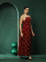 Maroon Floral Print Box Pleated Maxi Dress - Elganza