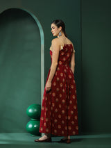 Maroon Floral Print Box Pleated Maxi Dress - Elganza