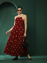 Maroon Floral Print Box Pleated Maxi Dress - Elganza
