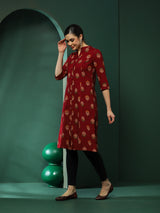 Maroon Floral Print Button Down Kurta - Elganza