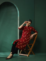 Maroon Floral Print Button Down Kurta - Elganza