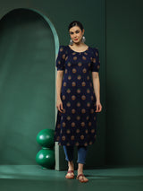 Navy Blue Floral Print Kurta - Elganza