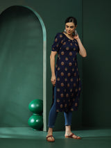 Navy Blue Floral Print Kurta - Elganza