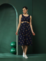 Navy Blue Floral Print Cut-Out Midi Dress - Elganza