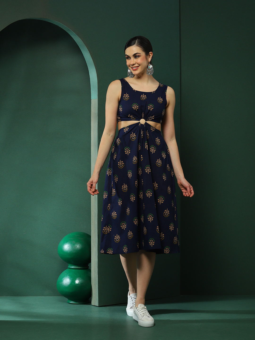 Navy Blue Floral Print Cut-Out Midi Dress - Elganza