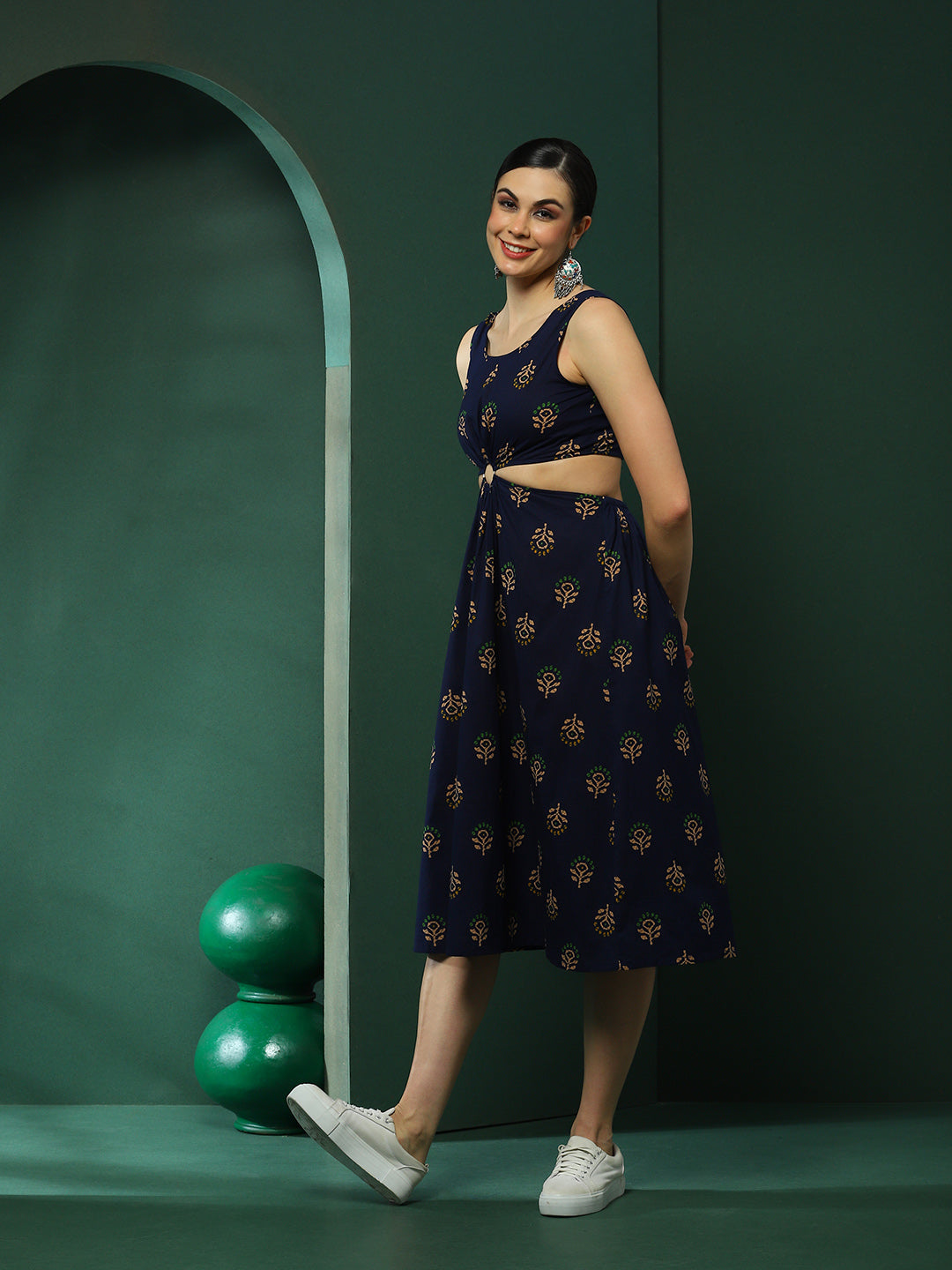 Navy Blue Floral Print Cut-Out Midi Dress - Elganza