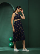 Navy Blue Floral Print Cut-Out Midi Dress - Elganza