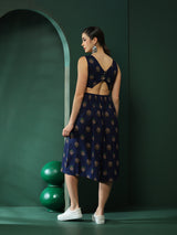 Navy Blue Floral Print Cut-Out Midi Dress - Elganza