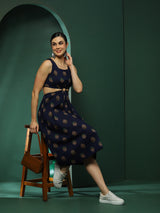 Navy Blue Floral Print Cut-Out Midi Dress - Elganza