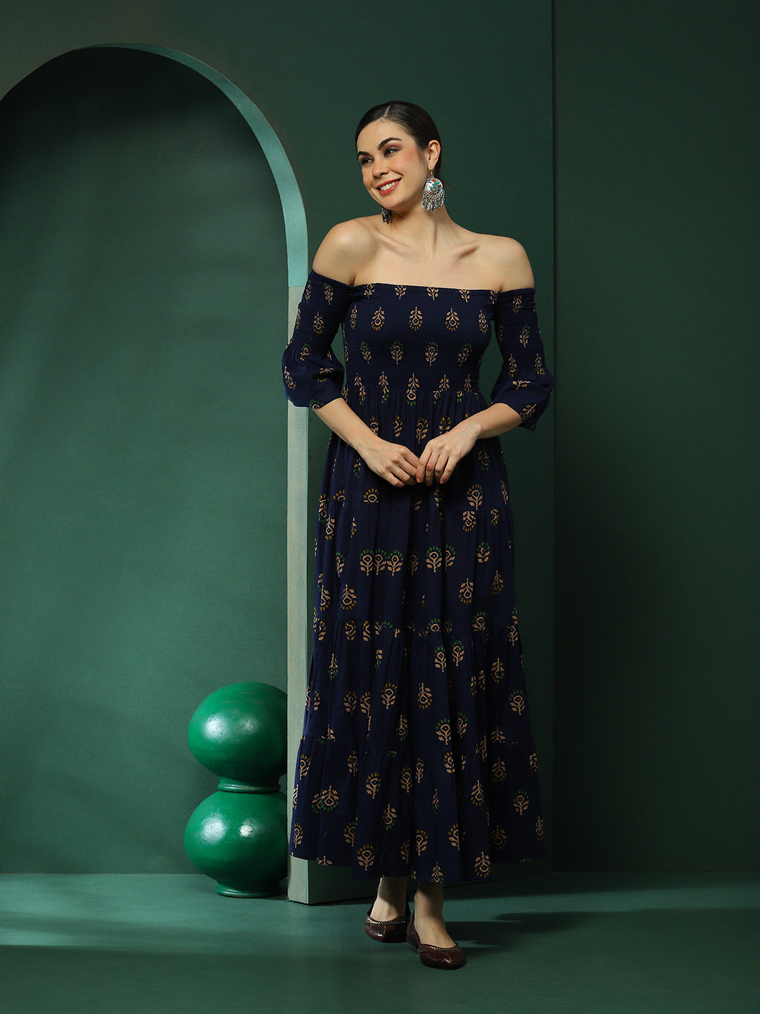 Navy Blue Floral Print Off-Shoulder Tiered Dress - Elganza