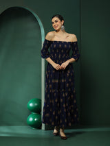 Navy Blue Floral Print Off-Shoulder Tiered Dress - Elganza