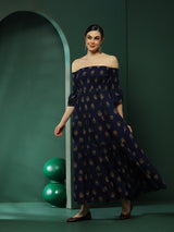 Navy Blue Floral Print Off-Shoulder Tiered Dress - Elganza