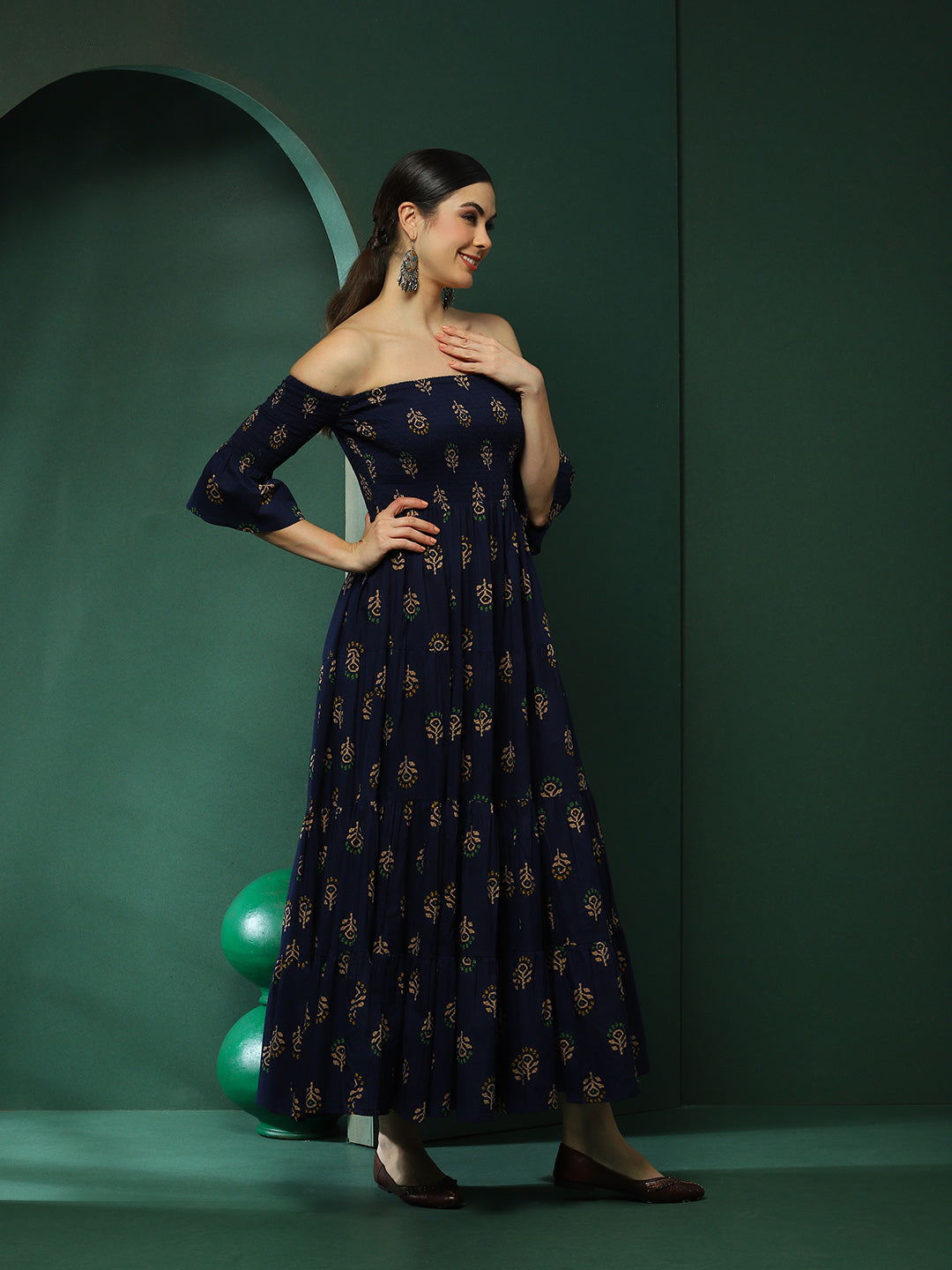 Navy Blue Floral Print Off-Shoulder Tiered Dress - Elganza