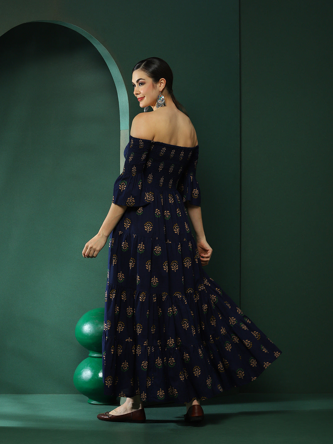 Navy Blue Floral Print Off-Shoulder Tiered Dress - Elganza