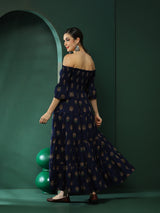 Navy Blue Floral Print Off-Shoulder Tiered Dress - Elganza