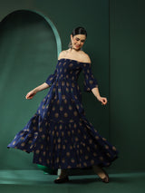 Navy Blue Floral Print Off-Shoulder Tiered Dress - Elganza