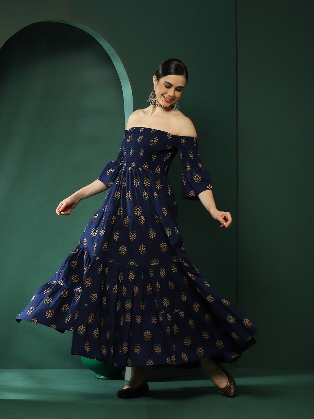 Navy Blue Floral Print Off-Shoulder Tiered Dress - Elganza