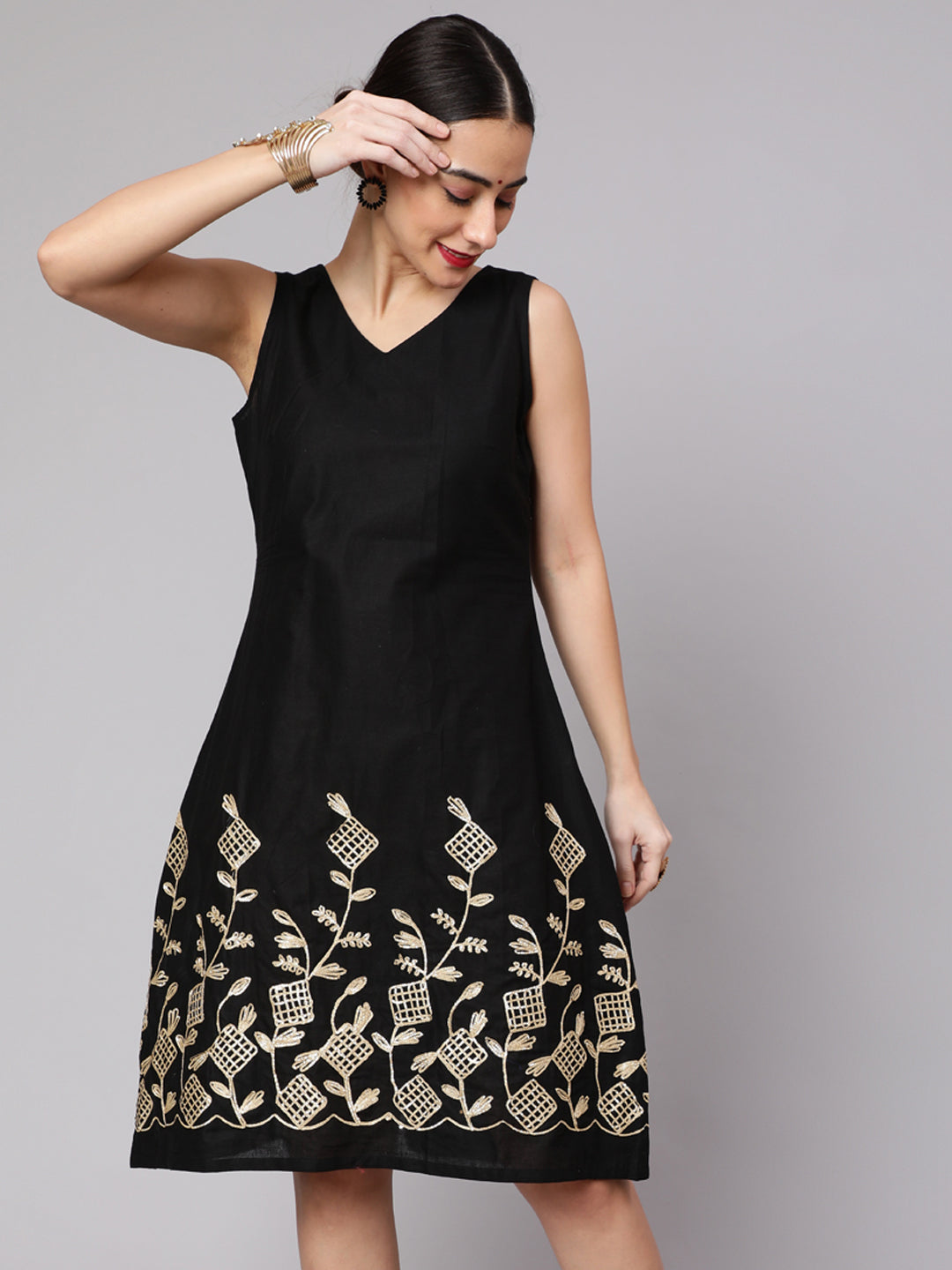 Black Midi Dress with Gota Embroidery - Elganza